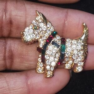 Scottie Dog Brooch Pin Gold Tone Baguette CollarKenneth Jay Lane KJL Rhinestone